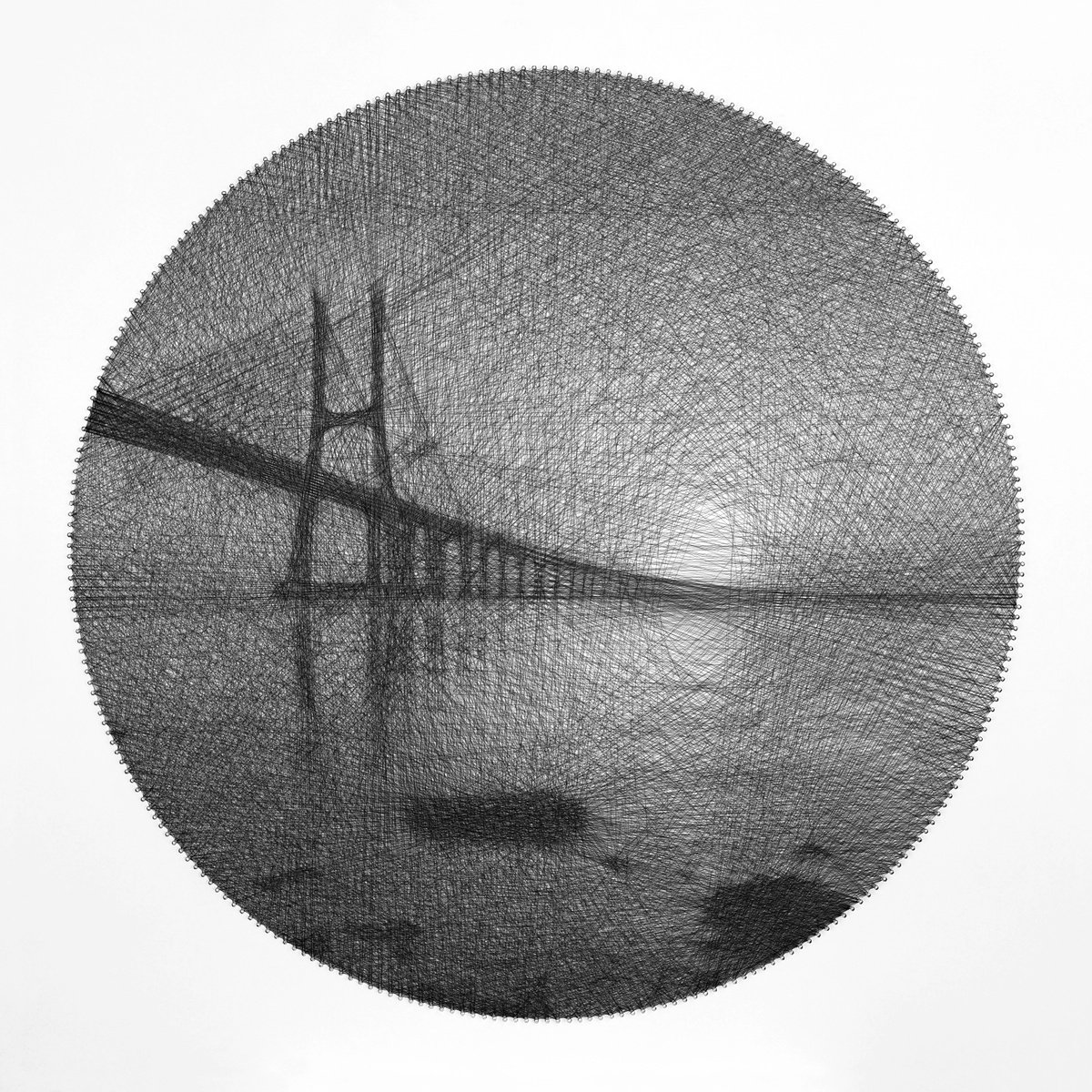 Impressionistic Cityscapes Sculpture By Andrey Saharov, 30 X 30, Bridge, String Artwork, Original Artwork