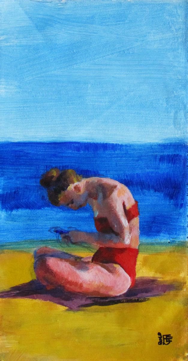 Photorealistic Portrait Acrylic Painting By Kateryna Bortsova, 7 X 12", Painting Of Girl In Red Bikini On The Beach, Artfinder