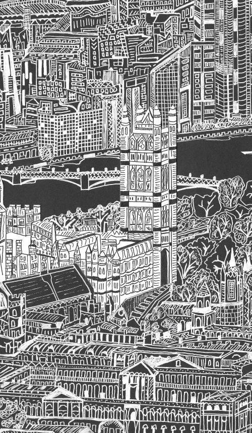 London skyline and the River Thames black and white drawing with collage detail by Emma Bennett