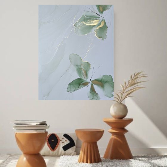 GREEN BUTTERFLIES WITH GOLD - alcohol ink , plastic paper