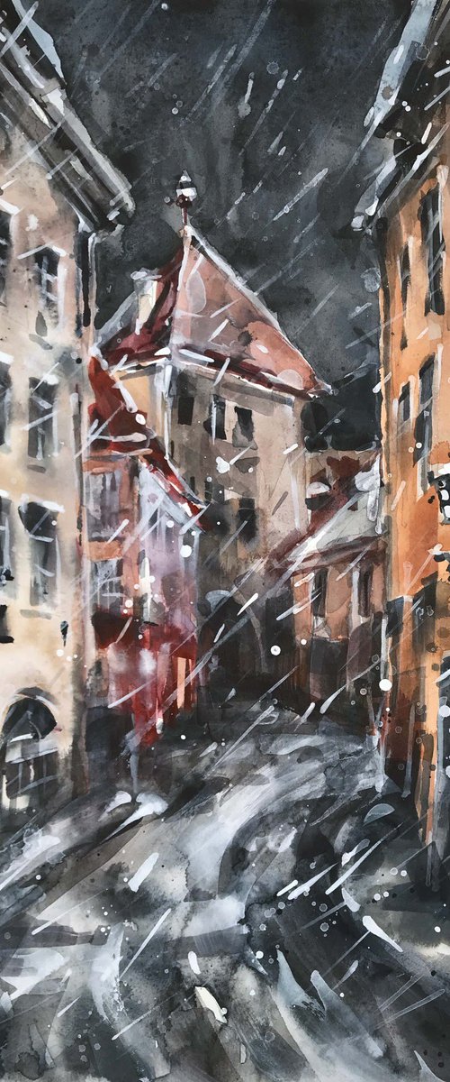 Snow street. one of the kind, original painting, watercolour. by Galina Poloz