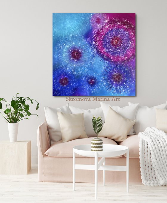 BLUE SPACE - Dandelions. Abstraction. Botanical. Pink. Indigo. Umbrella dandelions. Openwork. Macro flowers. Ultramarine.
