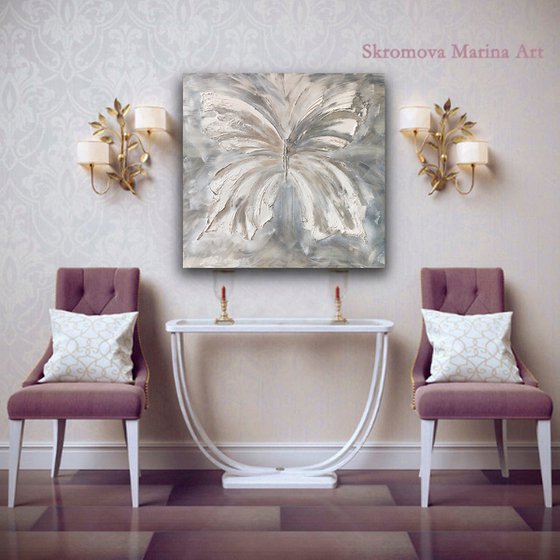 SILVER BUTTERFLY - Abstract light butterfly. Huge white butterfly. Butterfly 3d. Fluttering butterfly. Calmness. Ease. Comfort. Pleasure.