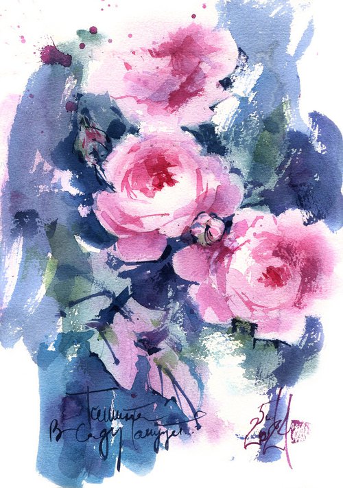 "Silence dances in the garden" - Romantic watercolor sketch of a roses at dusk. by Ksenia Selianko