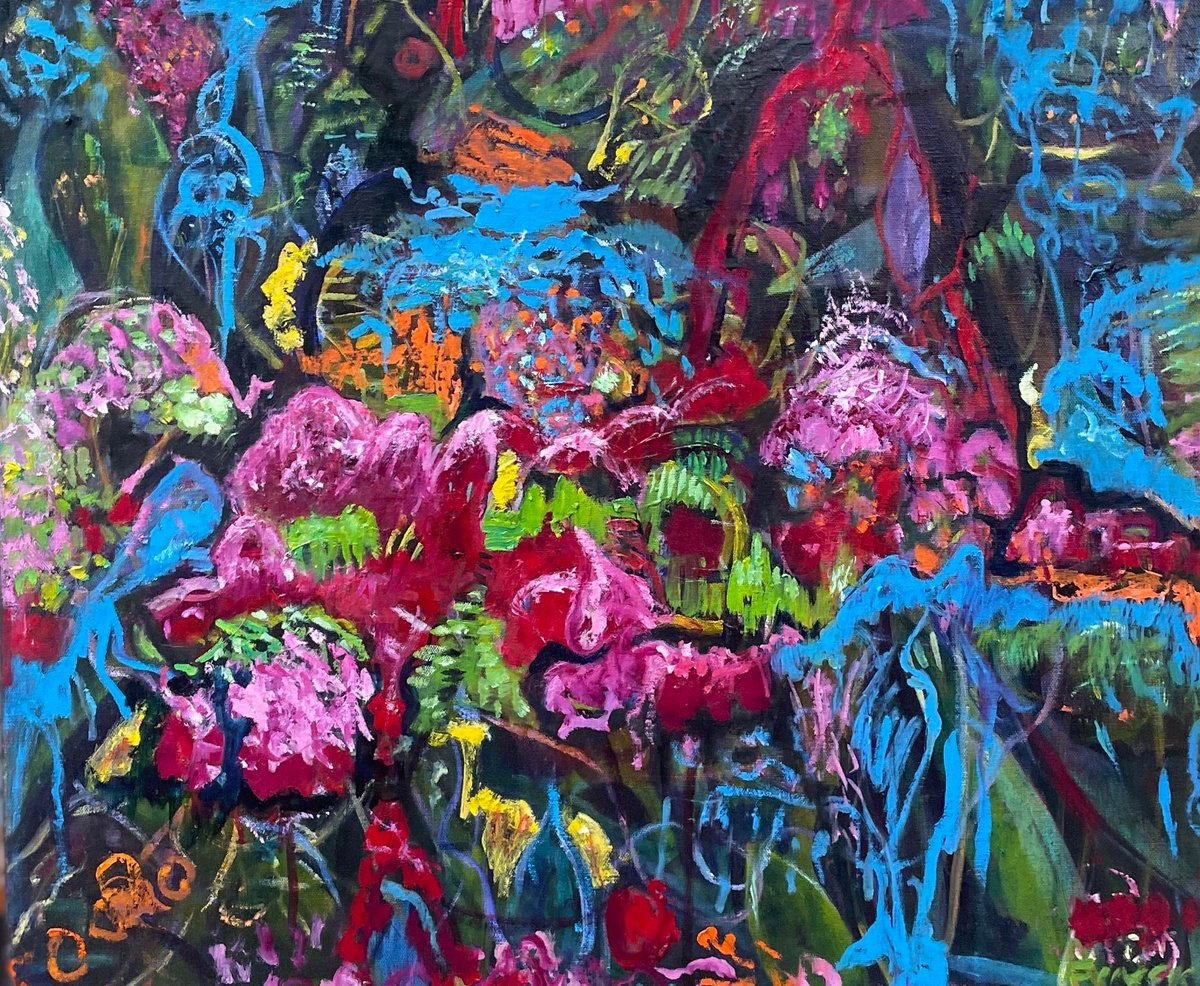 Expressive Abstract Oil Painting By Maureen Finck, 24 X 20", My Cousin Found The Faces, Original Artwork