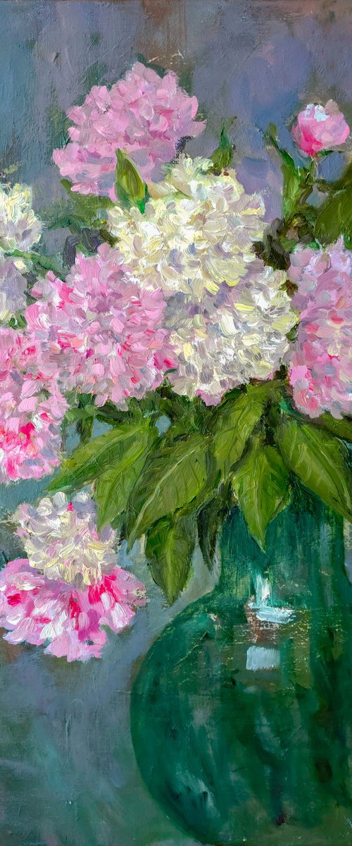Peonies in Green Vase by Katia Bellini