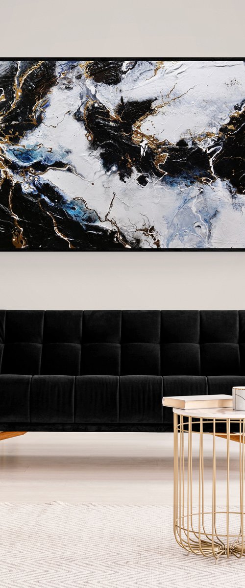 Golden Rapture 240cm x 100cm White Gold Black Textured Abstract Art by Franko