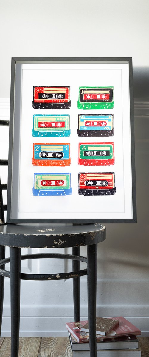Linocut tapes #27 (cassette tapes, retro music, 70's, 80's rock culture) by Carolynne Coulson