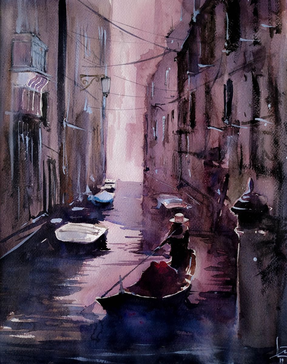 Impressionistic Cityscapes Watercolour By Flavio Furlan, 16 X 20, Lovers In Venice, Original Artwork