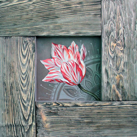 Tulip on mandala grey background Square wooden painting Unusual wall art Rustic interior