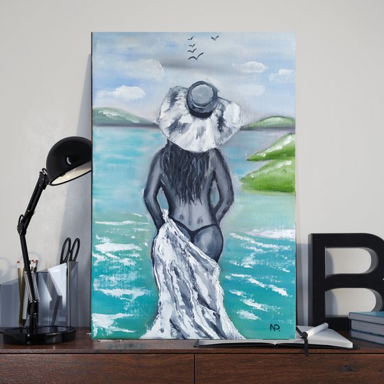Summer day, nude erotic girl, sea sky oil painting, Gift, art for home