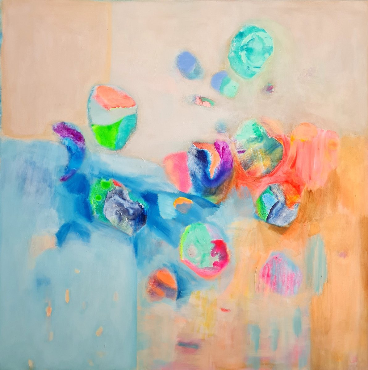 Organic Landscape Acrylic Painting By Wioletta Gancarz, 39 X 39", Sweet Love, Original Artwork