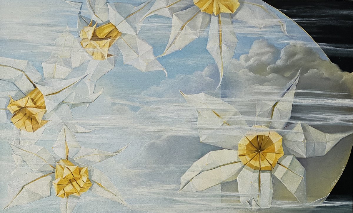 Geometric Botanical Oil Painting By Olena Kosenko, 35 X 22", Four Seasons, Spring, Original Artwork