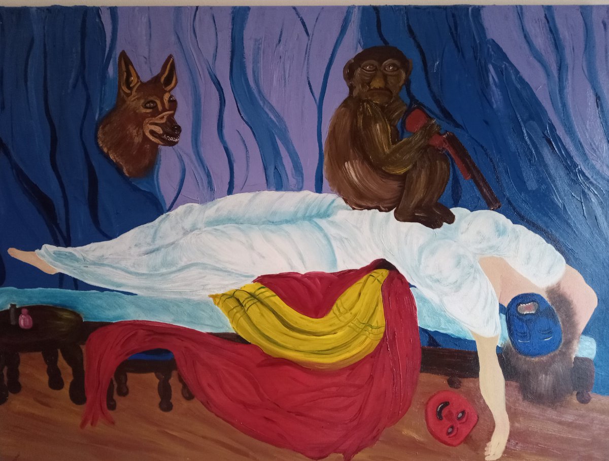 Naive Abstract Oil Painting By Corinne Hamer, 32 X 24, The Nightmare, Original Artwork