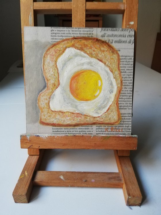 "Toast with Fried Egg on Newspaper" Original Oil on Wooden Board Painting 6 by 6 inches (15x15 cm)
