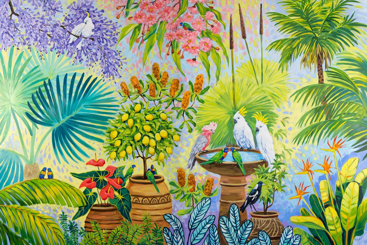 Impressionistic Botanical Acrylic Painting By Irina Redine, 72 X 48, Australian Garden, Original Artwork