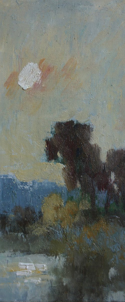 Original Oil Painting Wall Art Signed unframed Hand Made Jixiang Dong Canvas 25cm × 20cm Landscape Morning by the  Sunset Over the Mesopotamia Valley Oxford Small Impressionism Impasto by Jixiang Dong