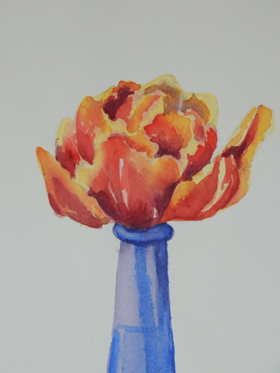 Tulip in a blue vase by Krystyna Szczepanowski