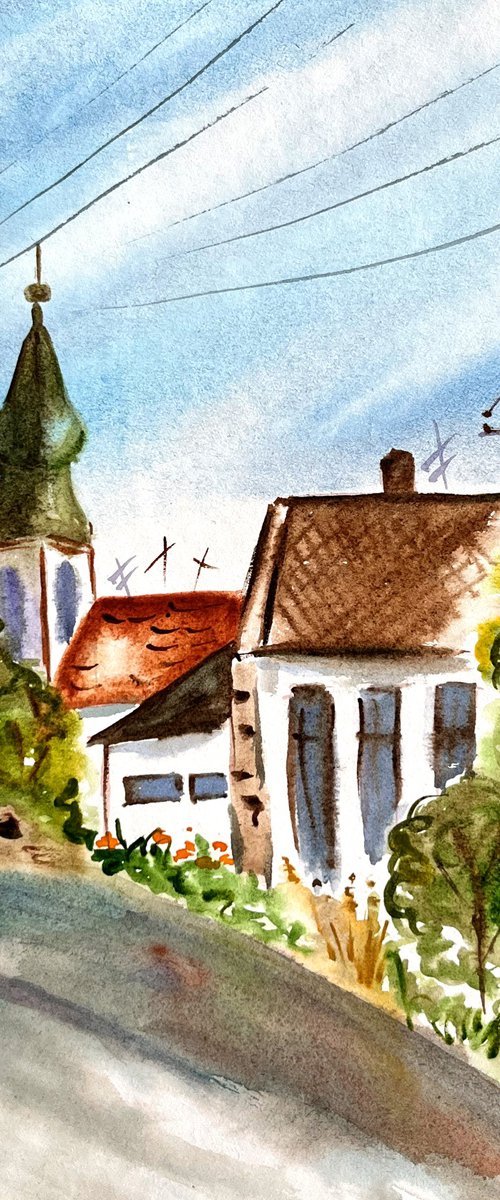 Hungary Painting Balaton Original Art Village Watercolor Landscape Artwork Roof Church Wall Art 8 by 12" by Halyna Kirichenko by Halyna Kirichenko