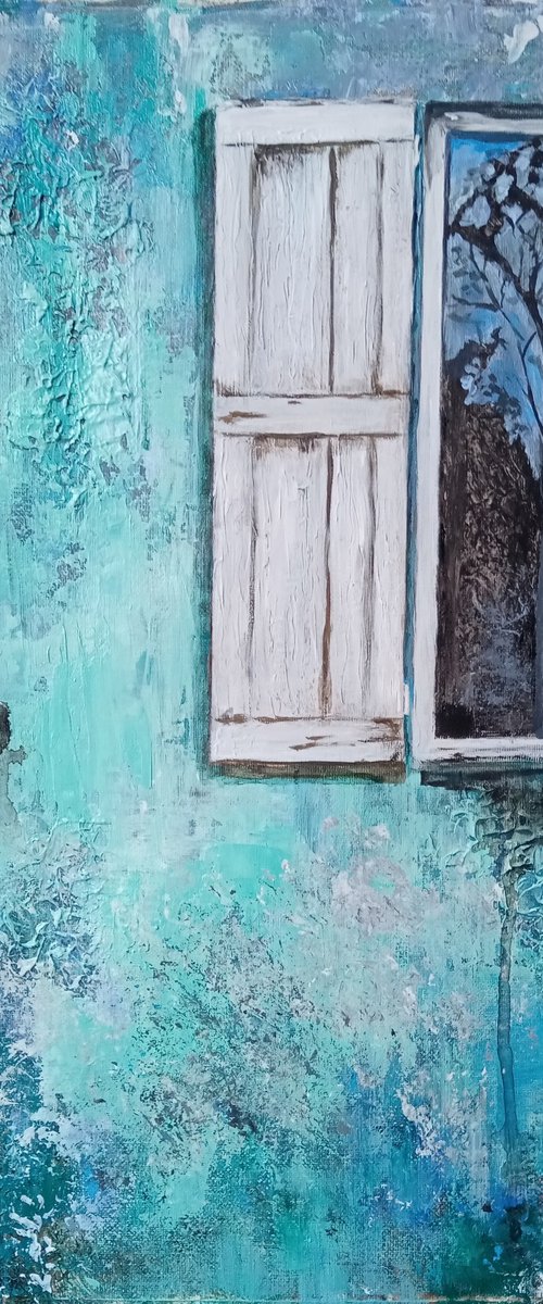 A window in an old turquoise wall by Liubov Samoilova