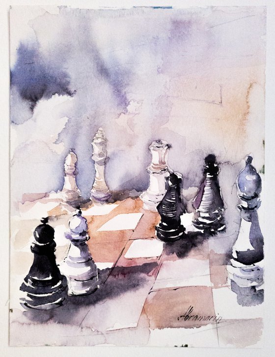 Chess. Original watercolor picture