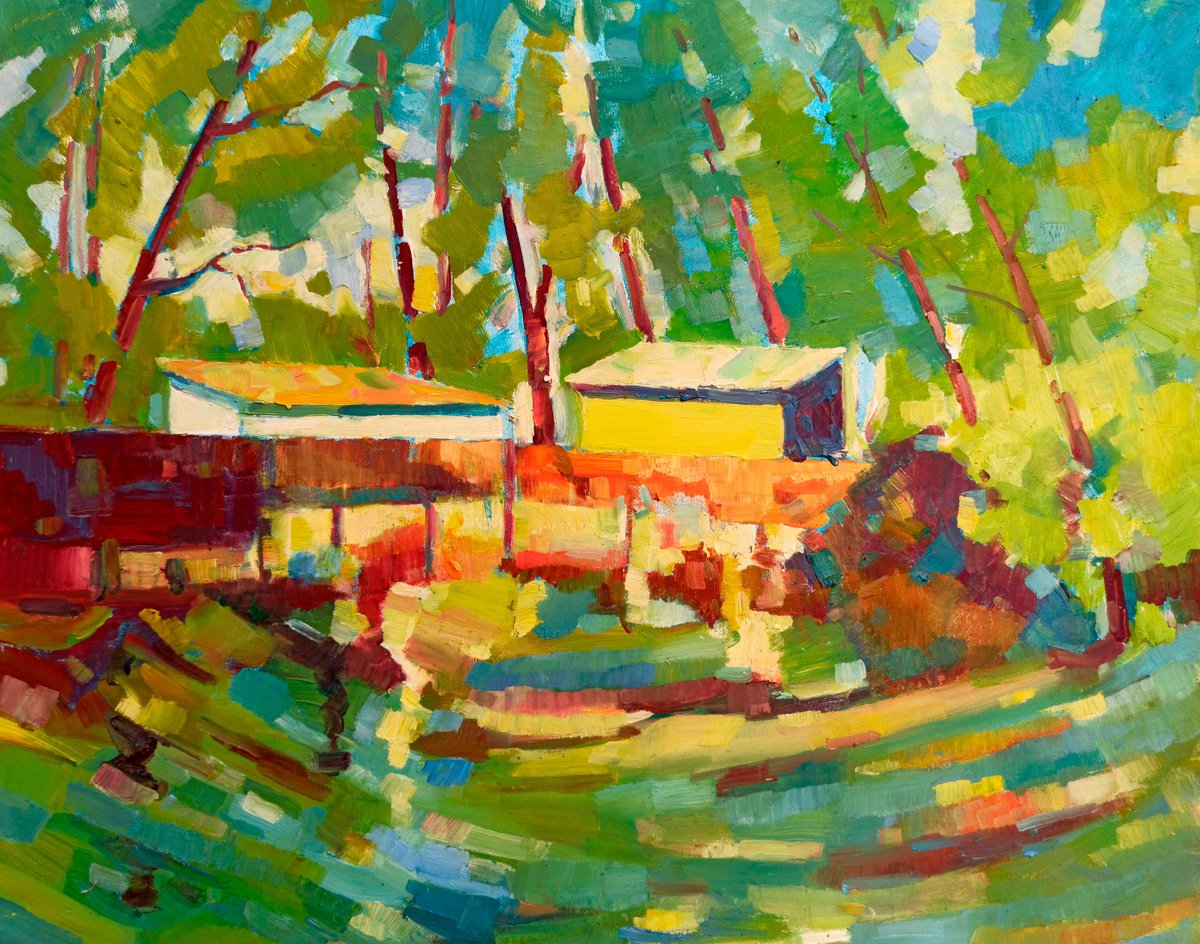 Impressionistic Landscape Oil Painting By Peter Tovpev, 31 X 26", House In The Forest, Original Artwork