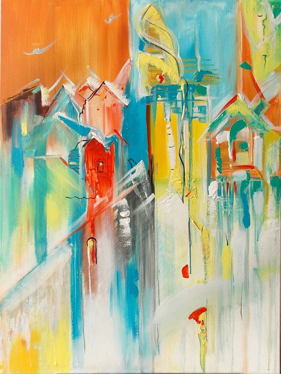 "Architectural peaks" - Acrylic Painting, Abstract cityscape, 60 x 80