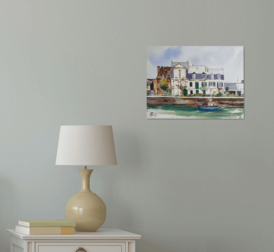 Low water in Deauville. Original watercolor small size impressionism travel france normandy sea seaside landscape interior decor