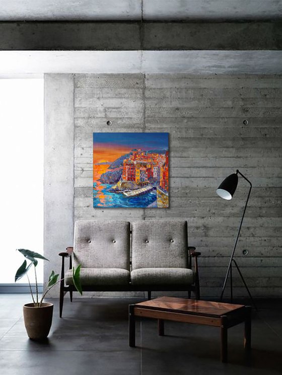 ''Bright sunset''. Seascape. City by the sea. original oil painting.