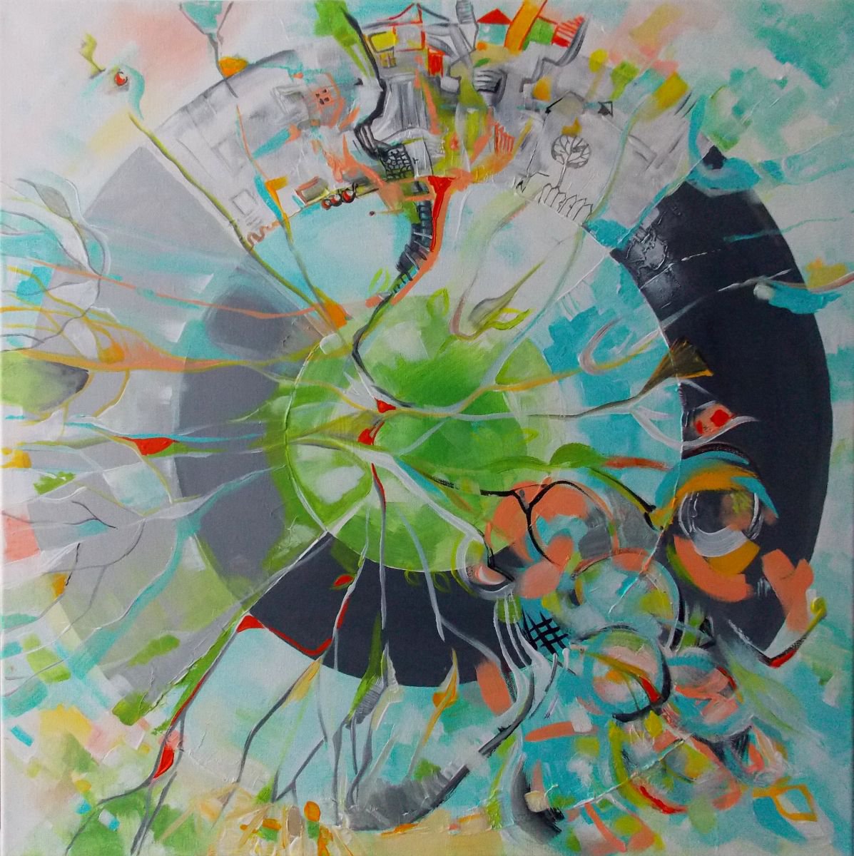 Abstract Botanical Acrylic Painting By Maria Paunova, 24 X 24", Wonderful World, Original Artwork