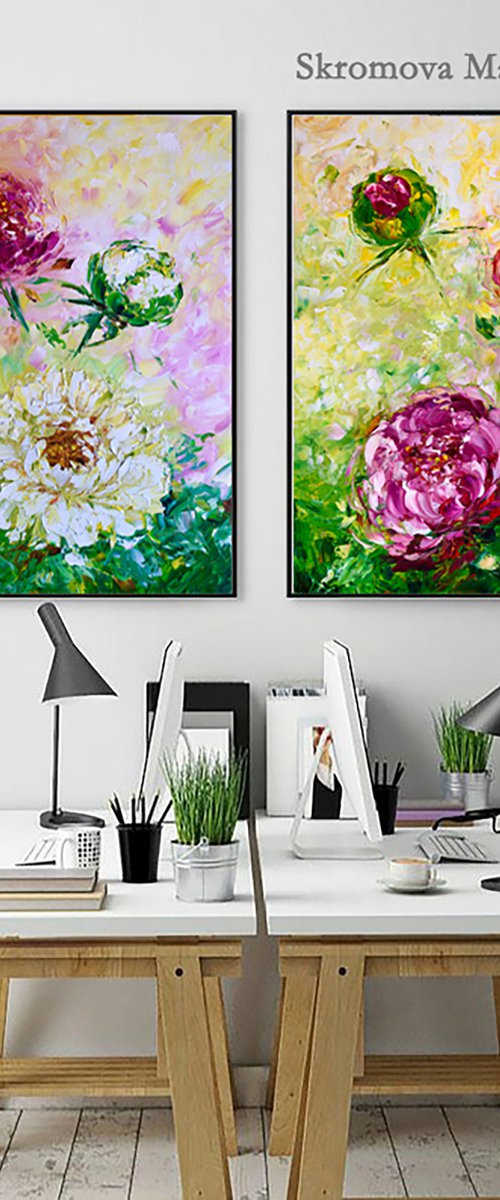 WINDOW TO THE GARDEN - Peonies. Diptych. Pink peony. Chrysanthemums. White. Voluminous bud. Macro style. two paintings. Flower set. by Marina Skromova