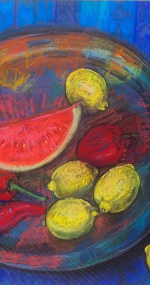 Melon and Lemon still life in pastel by Patricia Clements