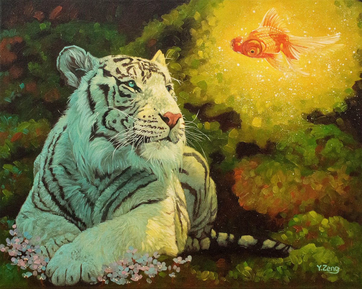 Surrealistic Animal Oil Painting By Yue Zeng, 20 X 16", White Tiger And Goldfish Visitor, Original Artwork