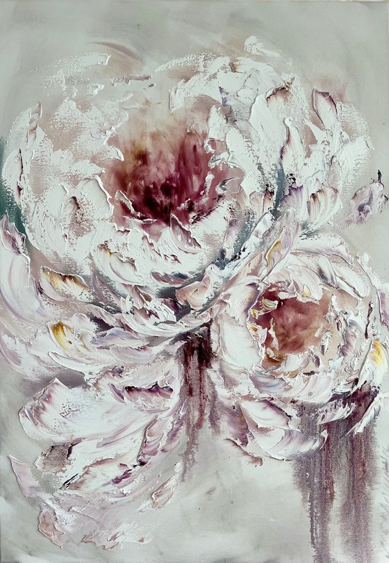 Vertical painting with peonies. White peonies Paintings.