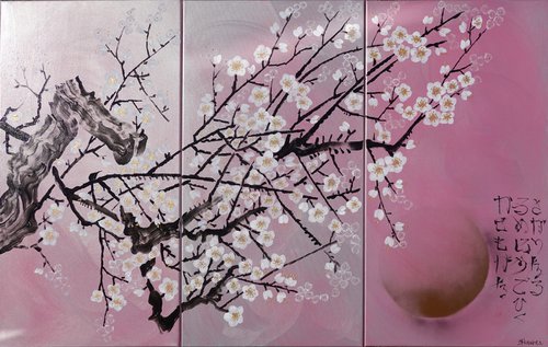 Japanese sakura J277 - large silver pink triptych, original art, japanese style paintings by artist Ksavera by Ksavera