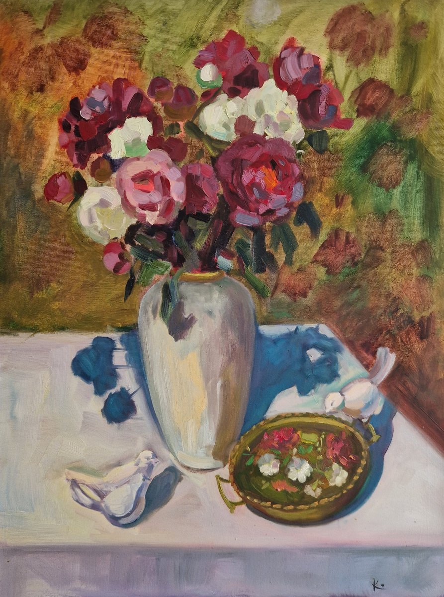 Still-life with flower and birds Sunny peonies by Olena Kolotova