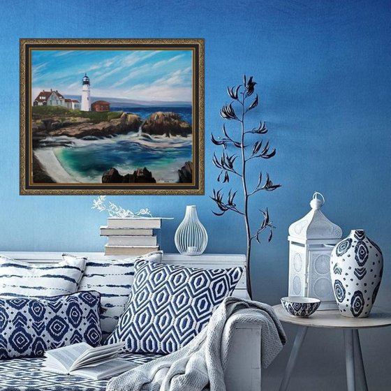 Lighthouse Landscape. Original Oil Painting on Canvas. Spectacular Coastal Landscape with Blue Sky and Water Reflection.