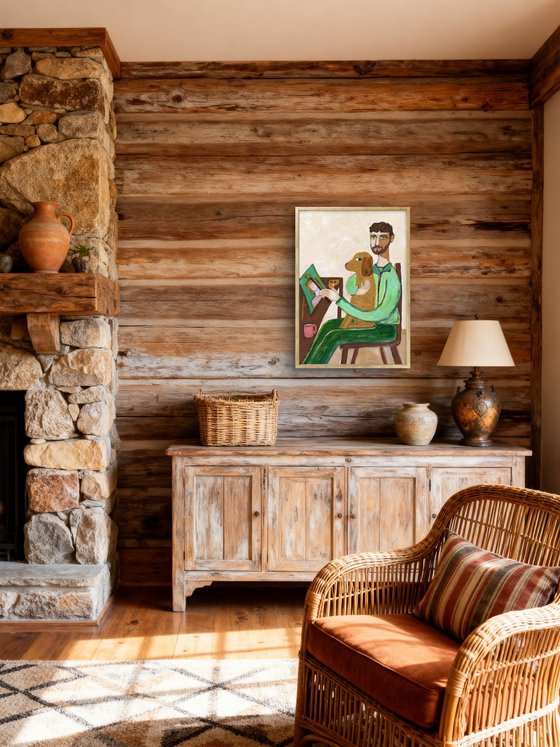 The painter, artist with dog