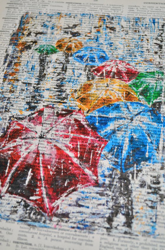 Umbrellas - Collage Art on Large Real English Dictionary Vintage Book Page