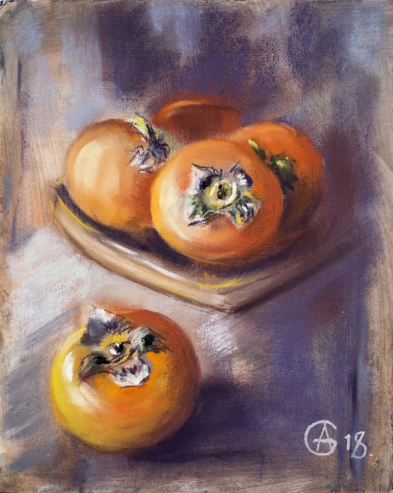 Persimmon still life. Original pastel painting. Small impressionistic fruits still life orange purple decor kitchen provence