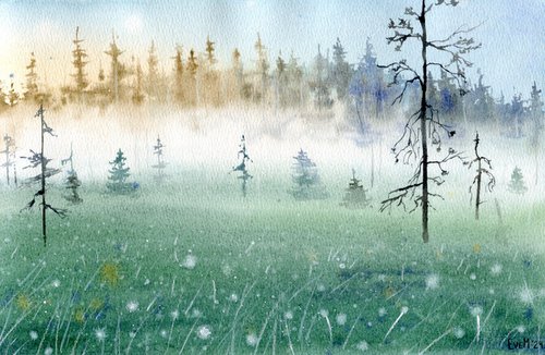 Polar day in Paanajärvi. Original watercolor. by Evgeniya Mokeeva