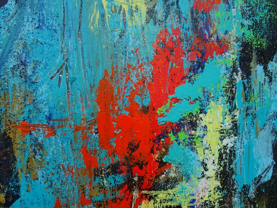 Large Abstract Landscape Painting. Blue, Red, Teal, Brown. Modern Textured Art