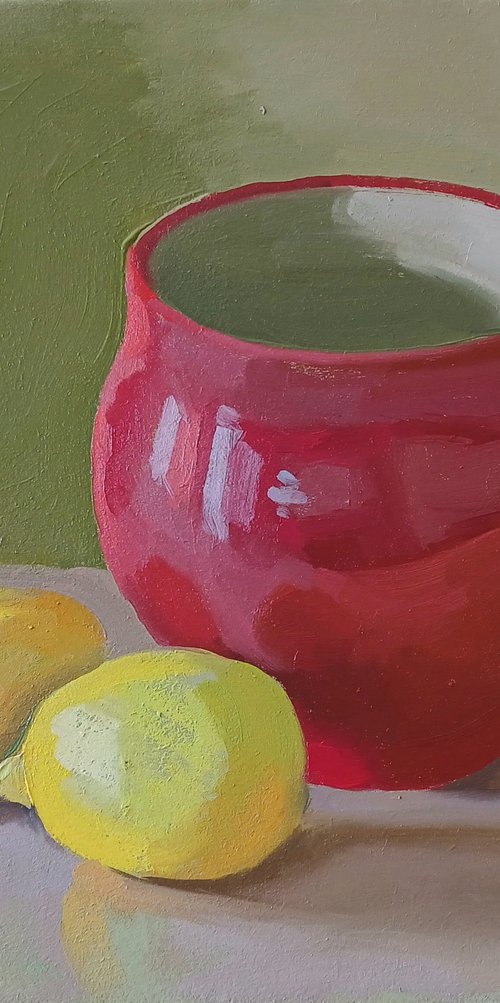 Red Cup and Two Lemons by Vasyl Koval