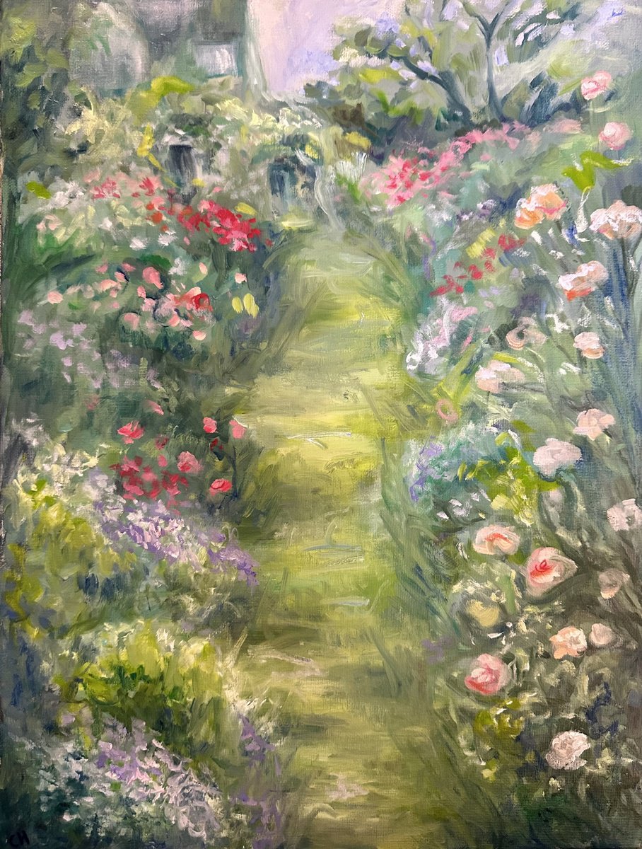 Impressionistic Landscape Oil Painting By Clare Hoath, 16 X 19, English Country Garden, Original Artwork
