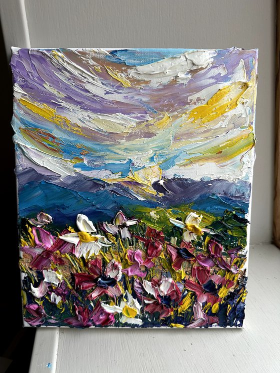 Sunset landscape flowers