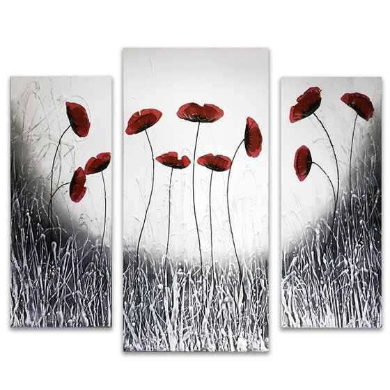 Black White Poppies Triptych