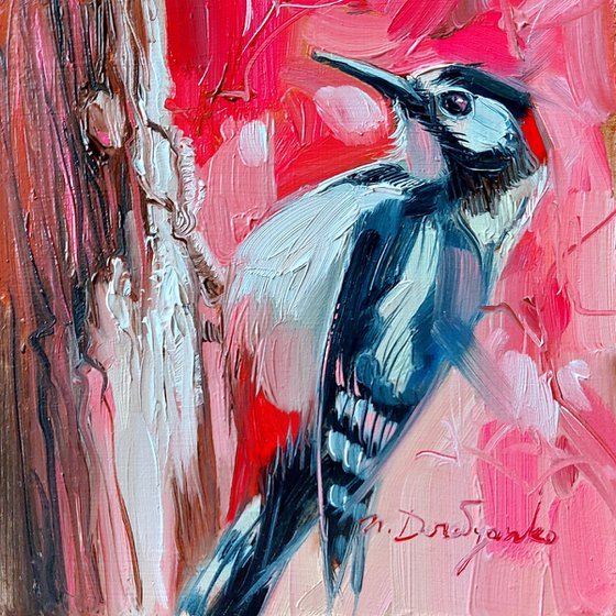 Black white bird painting 4x4 original wall art decor, Woodpecker bird on wood red art gift housewarming