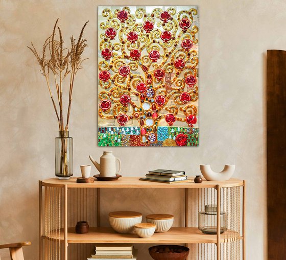 Pomegranate Tree artwork. Golden red art. Decorative wooden relief textured wall hanging sculpture with precious stones and crystal rhinestones. Gift