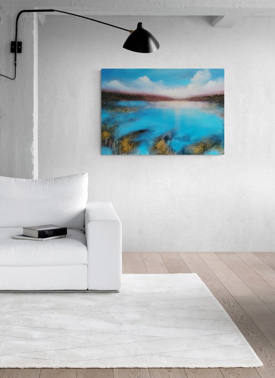 A XL large original semi-abstract beautiful structured mixed media painting of a seascape "Dream"