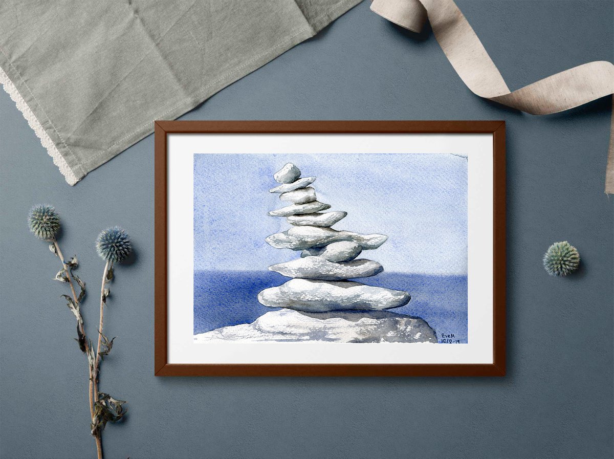 Pyramid of stones. Original watercolor artwork. by Evgeniya Mokeeva